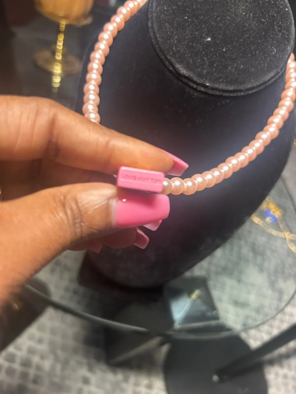 Pink Pearl Beaded Necklace with Pink Padlock Charm, bracelet & knob earrings - Picture 5 of 6